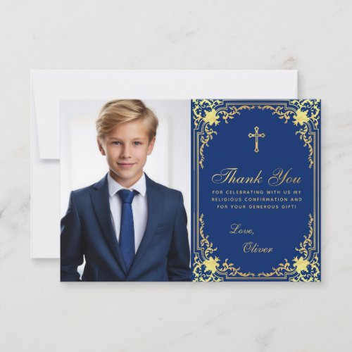 Confirmation Boy Photo Vintage Royal Blue Gold  Thank You Card