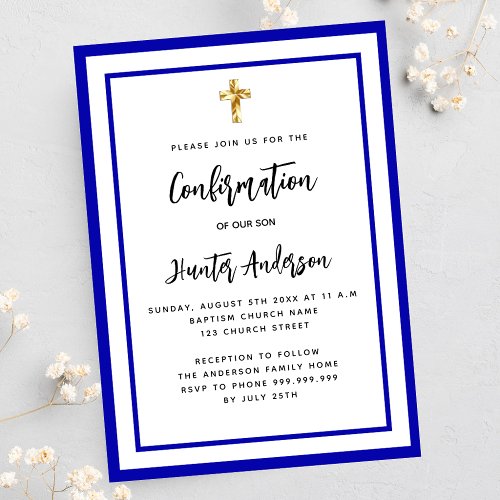 Confirmation boy royal blue white invitation postcard