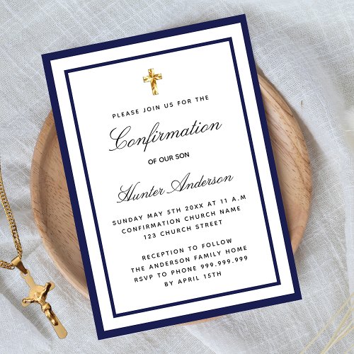 Confirmation boy royal blue white minimalist invitation