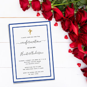 Confirmation boy royal blue white minimalist invitation