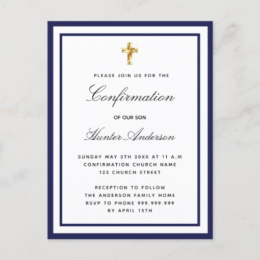 Confirmation Boy Royal Blue White Minimalist Invitation Postcard 