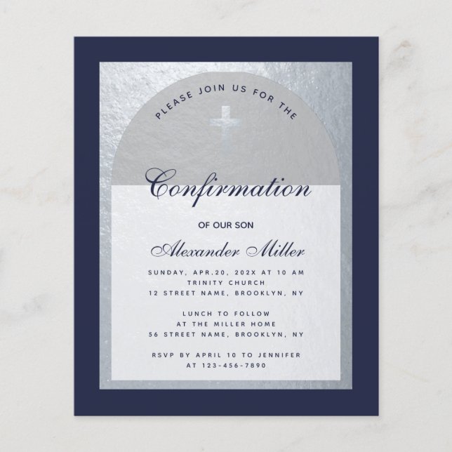 Confirmation Budget Navy Blue Silver Invitation (Front)