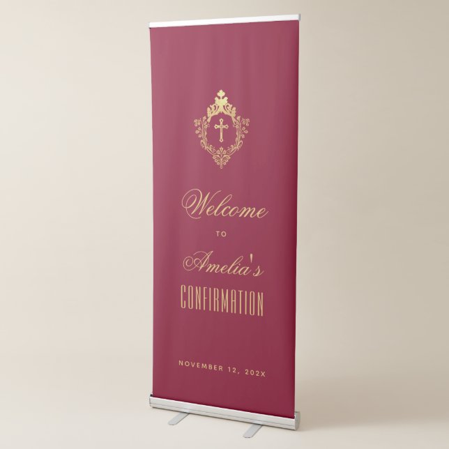 Confirmation Burgundy Gold Crest Religious Cross Retractable Banner (3/4)