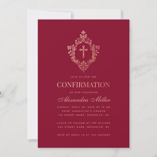 Confirmation Burgundy Rose Gold Crest Cross Girl Invitation
