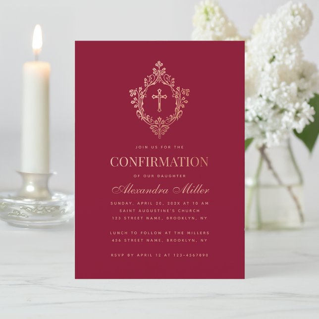 Confirmation Burgundy Rose Gold Crest Cross Girl Invitation (Creator Uploaded)