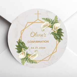 Confirmation Calla Lilies Fern Floral Gold Marble Classic Round Sticker