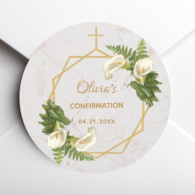 Confirmation Calla Lilies Fern Floral Gold Marble Classic Round Sticker (Creator Uploaded)