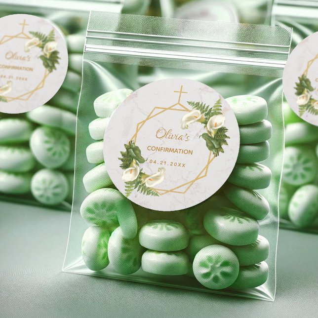 Confirmation Calla Lilies Fern Floral Gold Marble Classic Round Sticker (Creator Uploaded)