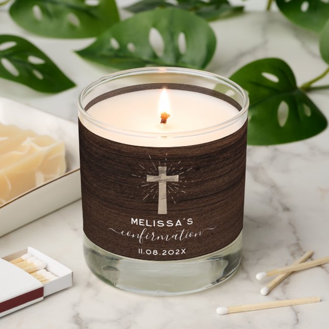 Confirmation Ceremony Rustic Script Church Cross Scented Candle (Lit)