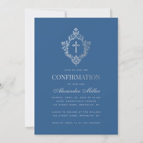 Confirmation Classic Blue Boy Faux Silver Crest Invitation