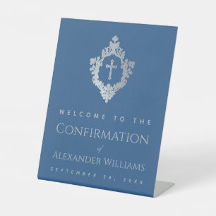 Confirmation Classic Blue Ornate Crest Boy Welcome Pedestal Sign