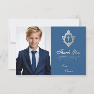 Confirmation Classic Blue Vintage Crest Boy Photo Thank You Card