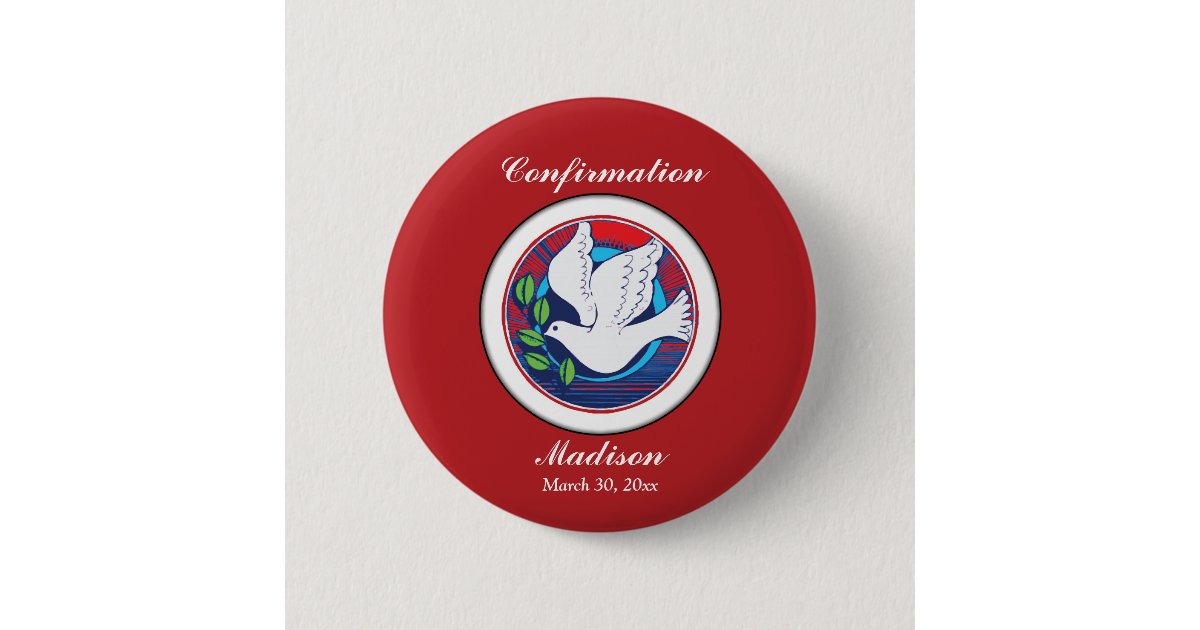 Confirmation Colorful Dove on Red Background Button | Zazzle