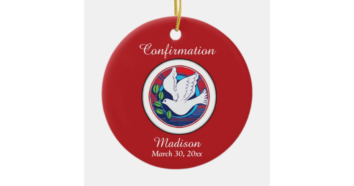 Confirmation Colorful Dove on Red Background Ceramic Ornament | Zazzle
