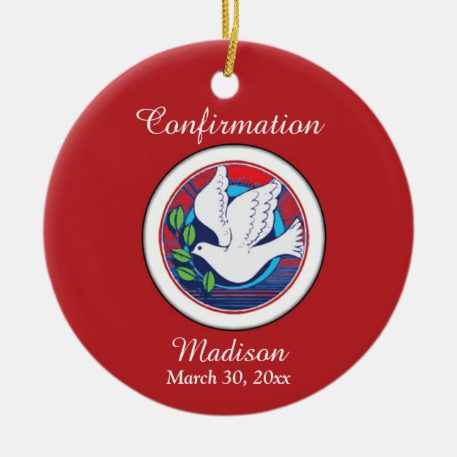 Confirmation Colorful Dove on Red Background Ceramic Ornament (Front)