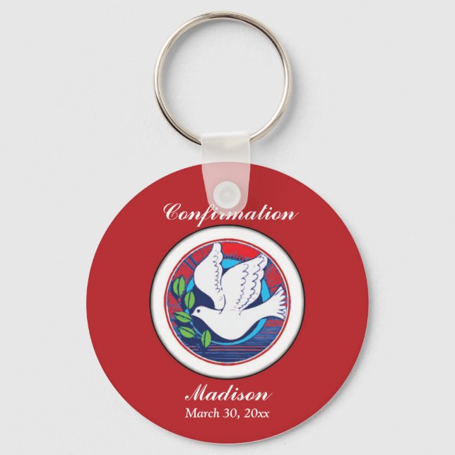 Confirmation Colorful Dove on Red Background Keychain (Front)