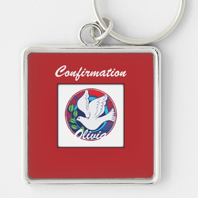 Confirmation Colorful Dove on Red Background Keychain (Front)