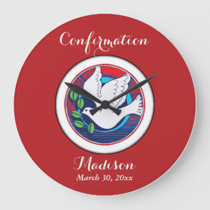 Confirmation Colorful Dove on Red Background Large Clock