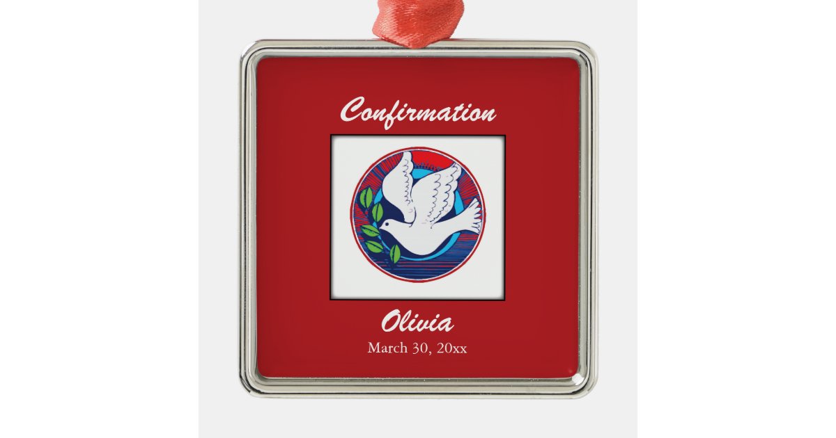 Confirmation Colorful Dove on Red Background Metal Ornament | Zazzle
