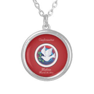 Confirmation Colorful Dove on Red Background Silver Plated Necklace