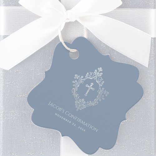 Confirmation Crest Dusty Blue Faux Silver Vintage Favor Tags