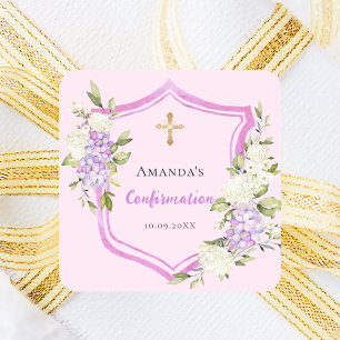 Confirmation crest pink purple flowers square sticker
