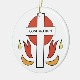 Confirmation Cross and Flames Ceramic Ornament