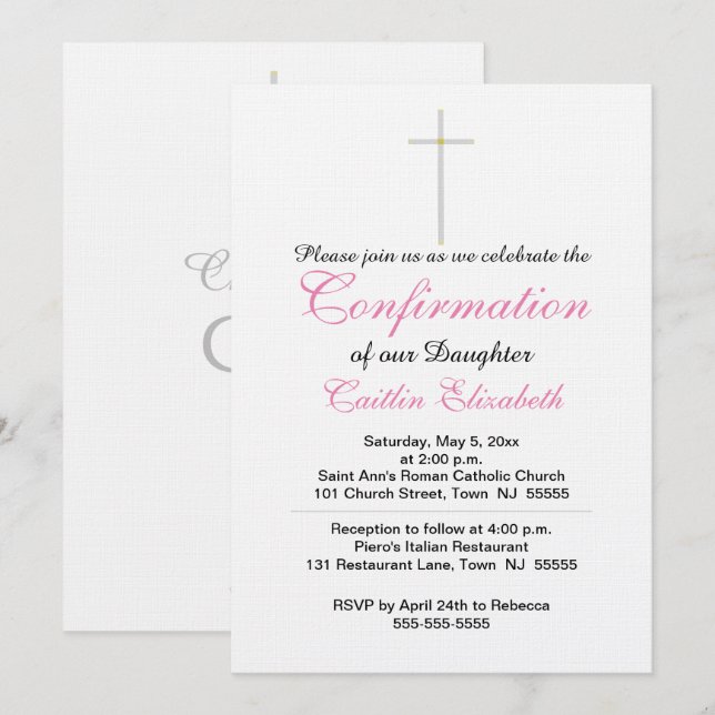 Confirmation Cross Daughter Pink Invitation (Front/Back)