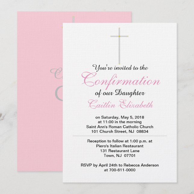 Confirmation Cross Daughter Pink Invitation (Front/Back)