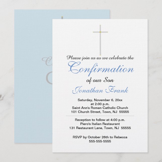 Confirmation Cross Son Blue Gray Invitation (Front/Back)