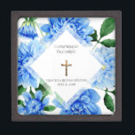 Confirmation Crucifix Blue Dahlia Gift Box<br><div class="desc">This personalized traditional stained glass image  Sacrament of Confirmation keepsake jewelry box displays Blue Dahlia's with a Gold Crucifix - All text and fonts are customizable. It would be a perfect keepsake to store all the small gifts and mementos of that special occasion.</div>