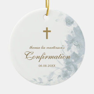 Confirmation Delicate Blue Watercolor Floral Cross Ceramic Ornament