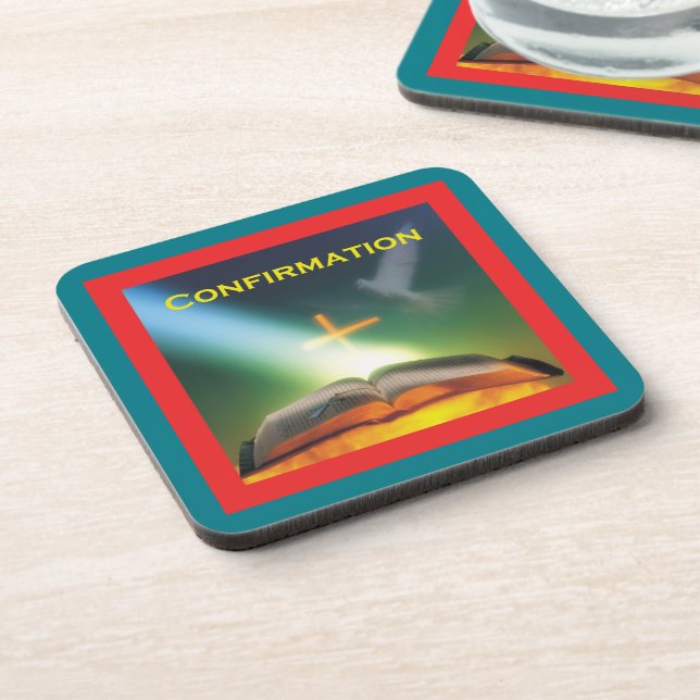 Confirmation Dove, Bible, Cross Drink Coaster (Left Side)
