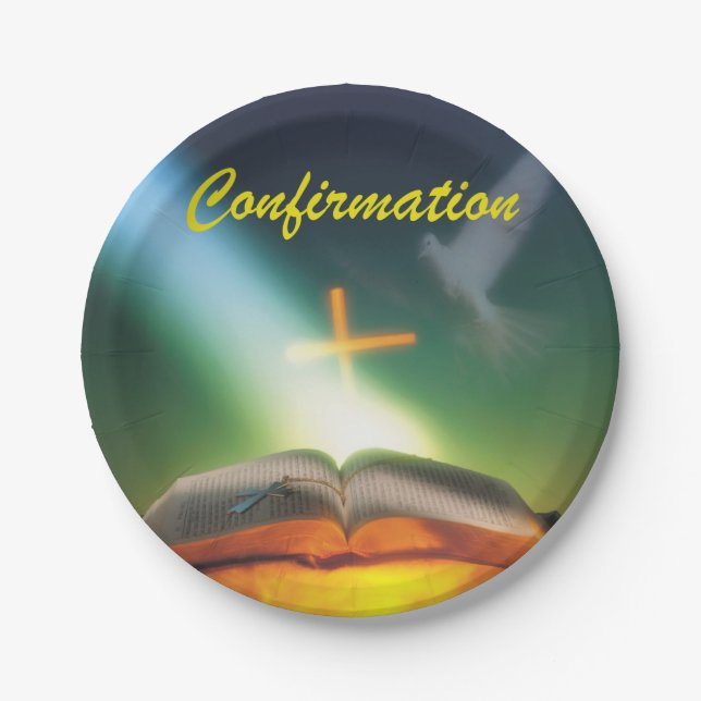 Confirmation Dove, Bible, Cross Paper Plates (Front)