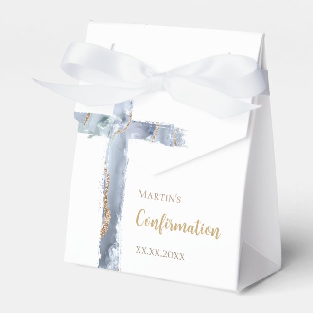 Confirmation dusty blue agate holy cross favor boxes (Front Side)