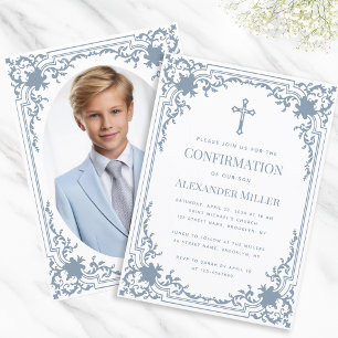 Confirmation Dusty Blue Boy Photo Elegant Vintage Invitation