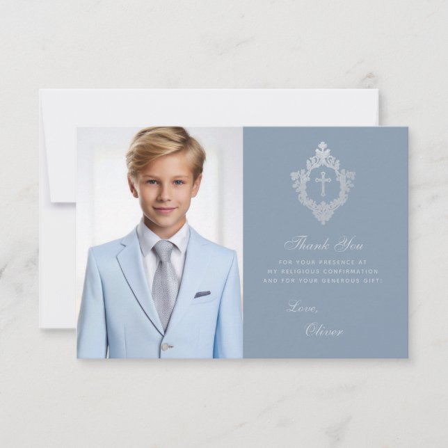 Confirmation Dusty Blue Boy Photo Silver Crest Thank You Card (Front)