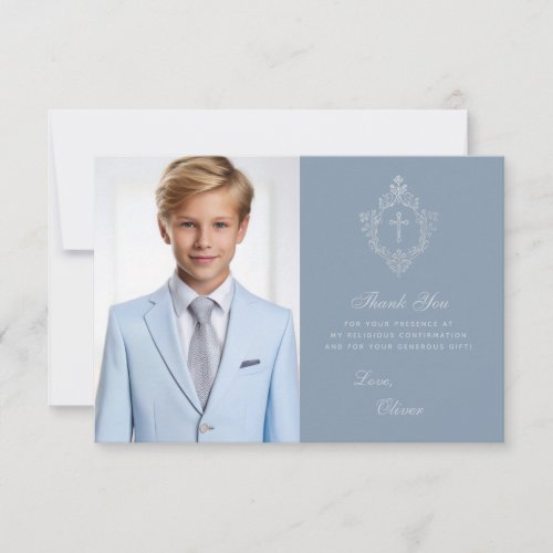 Confirmation Dusty Blue Boy Photo Silver Crest Thank You Card