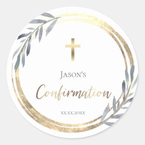 Confirmation dusty blue faux gold foil   classic round sticker