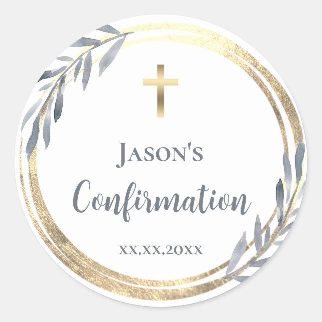 Confirmation dusty blue faux gold foil   classic round sticker (Front)