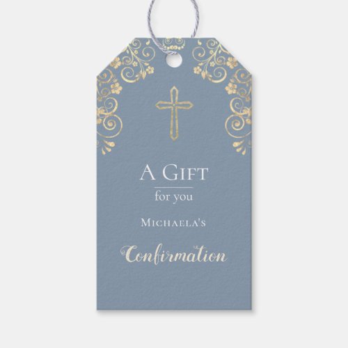 Confirmation Dusty Blue Gold Cross  Gift Tags