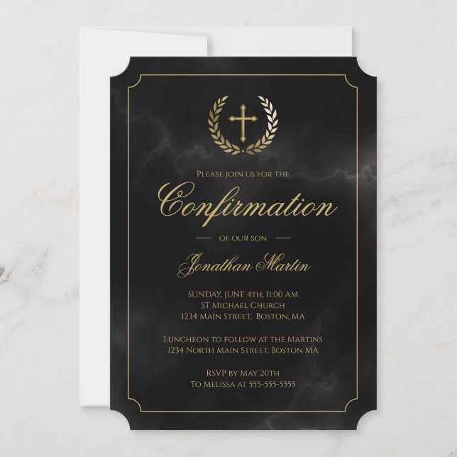 Confirmation Elegant Black Marble Gold Script Boy Invitation (Front)