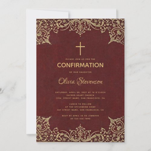 Confirmation Elegant Burgundy Gold Cross Vintage Invitation