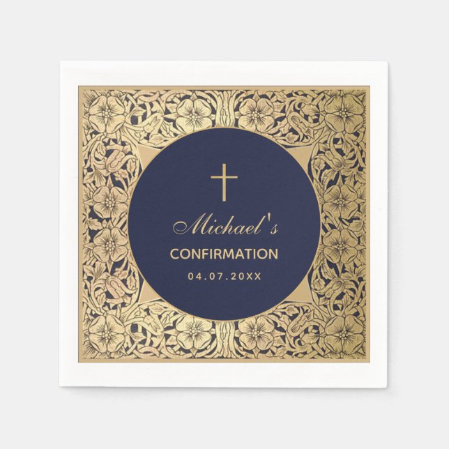 Confirmation Elegant Vintage Gold Roses Navy Blue  Napkins (Front)