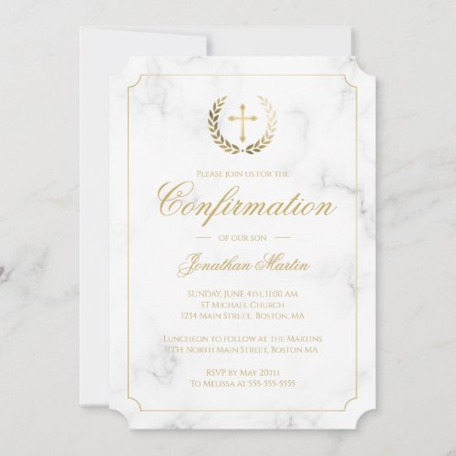 Confirmation Elegant White Marble Gold Script Boy Invitation