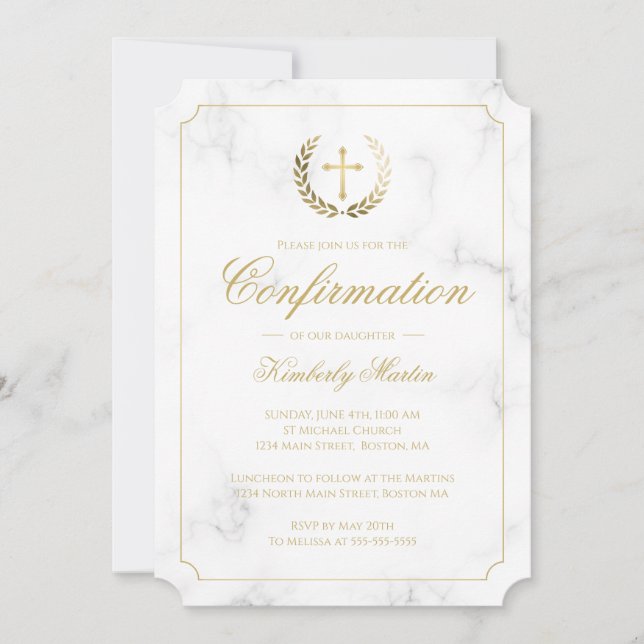 Confirmation Elegant White Marble Gold Script Girl Invitation (Front)