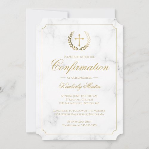 Confirmation Elegant White Marble Gold Script Girl Invitation