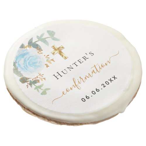 Confirmation eucalyptus blue floral boy rose gold sugar cookie