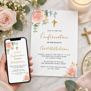 Confirmation eucalyptus blush pink floral girl invitation