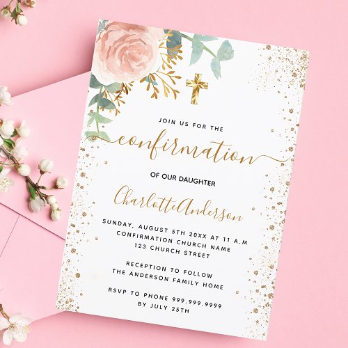 Confirmation eucalyptus blush pink floral girl invitation